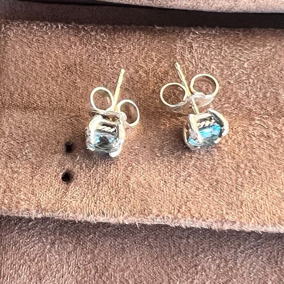 David Yurman Sterling Silver 6mm Chatelaine Stud Earrings Blue Topaz & Diamonds - Picture 9 of 9
